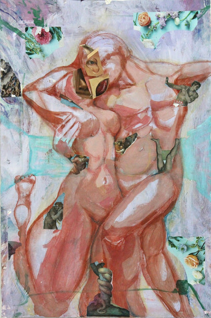 A painting titled 'Intertwined' featuring a stylized, abstract depiction of two figures in an embrace, predominantly in warm-colored tones with green accents.
