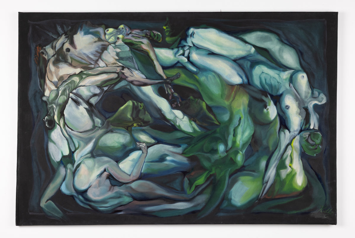 An abstract painting depicting intertwined, stylized human figures in shades of green, blue, and white against a dark background, framed by a black border.