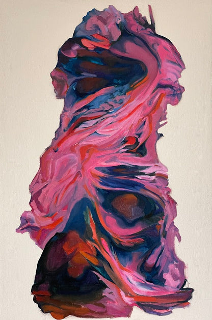 An abstract oil painting on canvas featuring swirls of pink, blue, and purple colors.