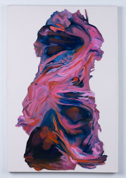 Abstract fluid acrylic painting on a white canvas, featuring swirling patterns of pink, purple, blue, and orange, displayed against a neutral light gray background.