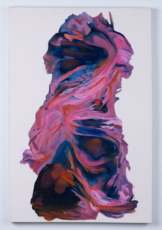 Abstract fluid acrylic painting on a white canvas, featuring swirling patterns of pink, purple, blue, and orange, displayed against a neutral light gray background.
